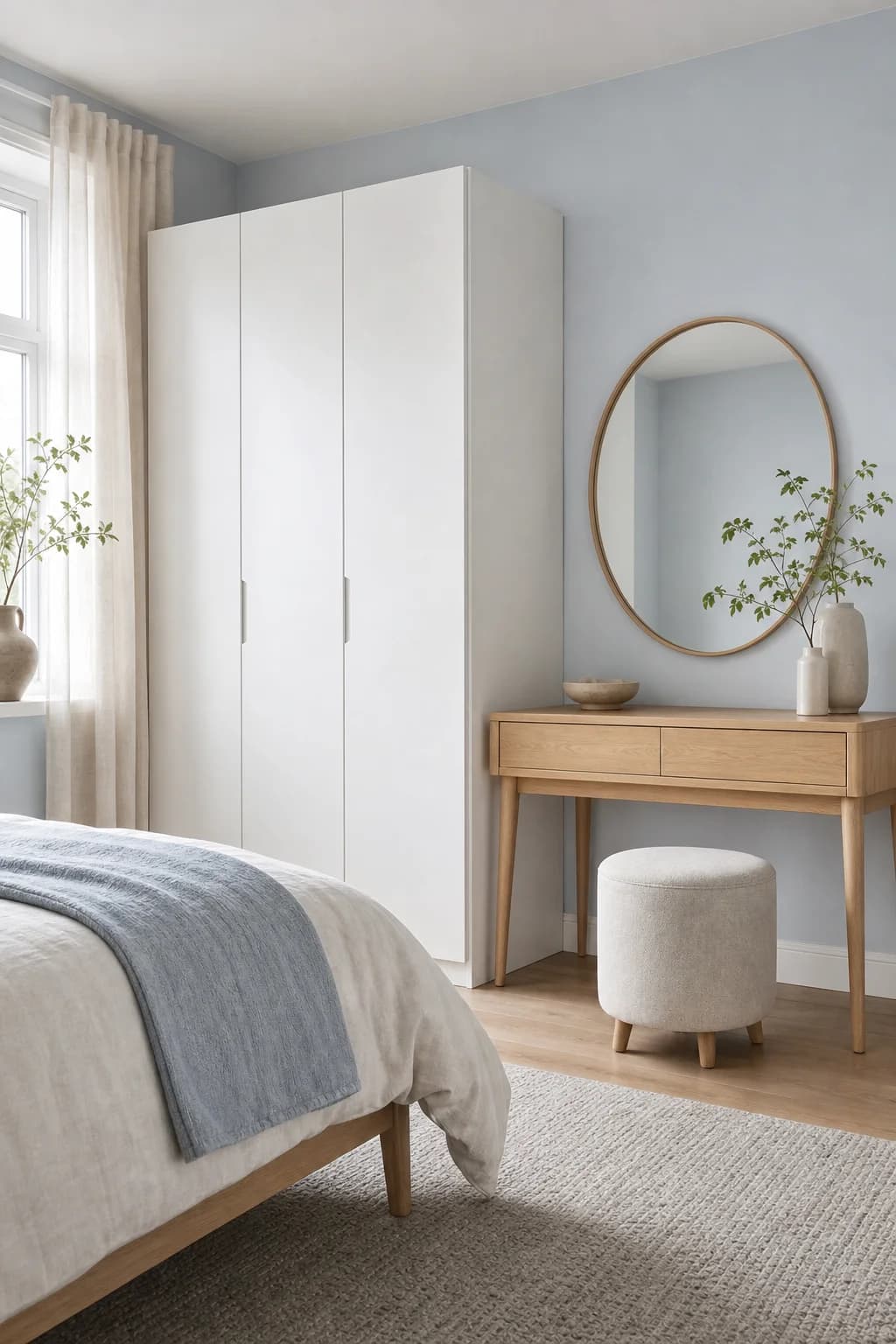 Bright bedroom with a white wardrobe