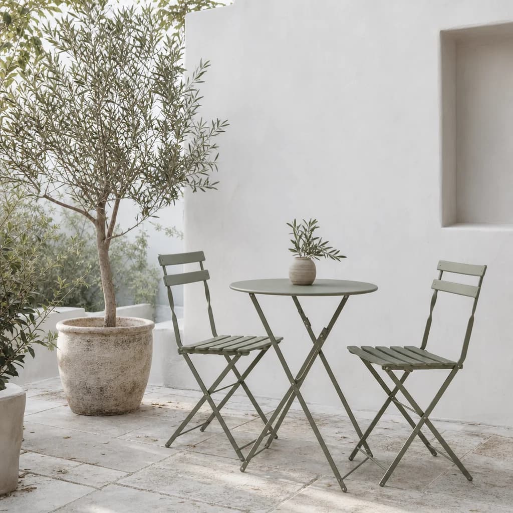 Bistro set on a pale stone patio